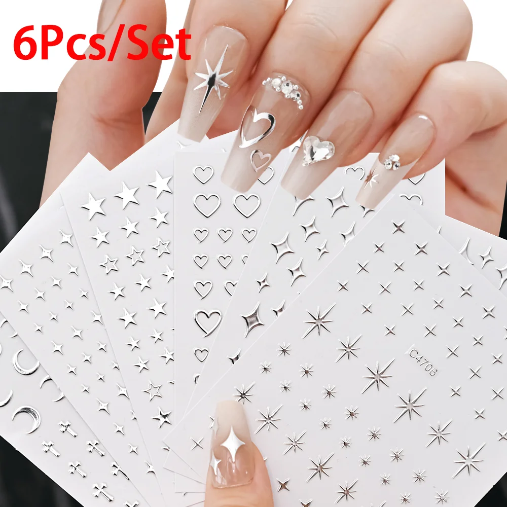 6 Teile/satz Metall Silber Stern/Herz/Mond 3D Nail art Aufkleber 8*10 cm Hohl Liebe/kreuz Selbst-Kleber Slider Luxus Maniküre Aufkleber Image