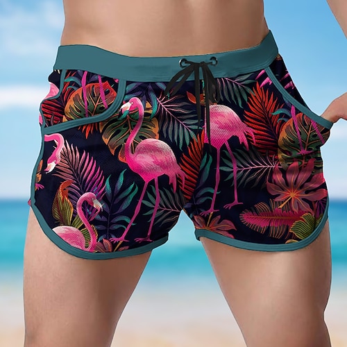 Herren Tiermotiv Flamingo Tropisch Badehosen Badeshorts Boardshorts Mittlere Taille Mode Designer Surfen Ferien Strand Kordelzug Tasche Elastischer Bund Designer Bekleidung Image