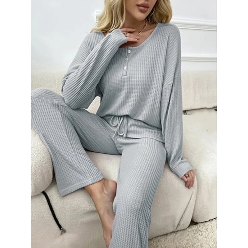 Damen Schlafanzug Hausanzug 2 Stück Brautkleider schlicht Einfarbig Patchwork Knopf T Shirt Hose Heim Langarm U-Ausschnitt Schwarz Rosa Hellgrau Frühling Herbst Winter Reguläre Passform Image
