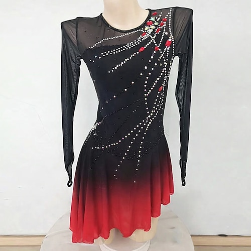 Eiskunstlaufkleid Damen Mädchen Eislaufen Kleid Schwarz Rrot Daumenloch Asymmetrischer Saum Netzstoff Hohe Elastizität Training Wettbewerb Eiskunstlaufkleidung Klassisch Kristall / Strass Langarm Image