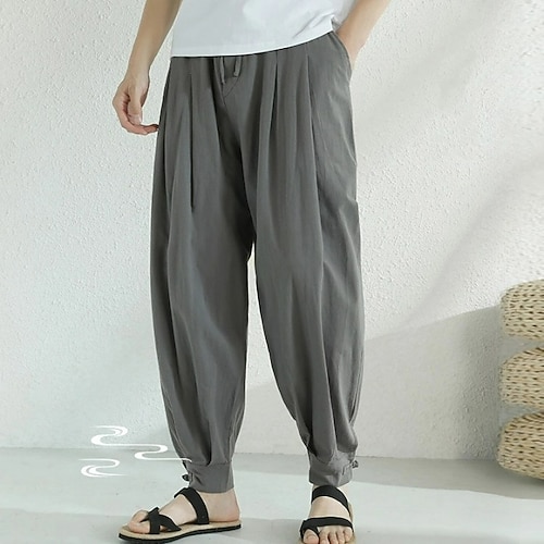 Herren Leinenhose Hose Hosen Sommerhosen Haremshose Kordelzug Elastische Taille Seitentaste Glatt Komfort Atmungsaktiv In voller Länge Heim Casual Täglich Modisch Klassicher Stil Schwarz Marineblau Image