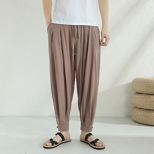 Herren Leinenhose Hose Hosen Sommerhosen Haremshose Kordelzug Elastische Taille Seitentaste Glatt Komfort Atmungsaktiv In voller Länge Heim Casual Täglich Modisch Klassicher Stil Schwarz Marineblau Image