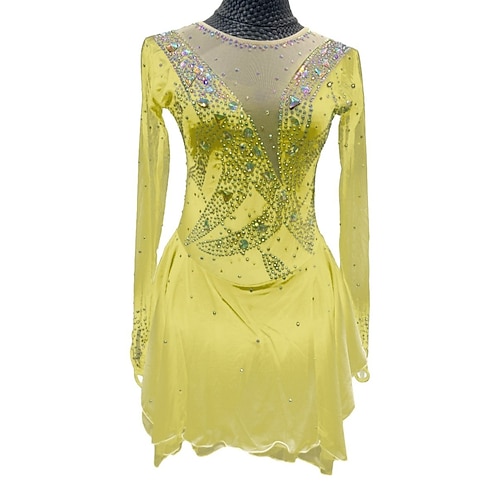 Eiskunstlaufkleid Damen Mädchen Eislaufen Kleider Austattungen Hellgelb Wasserblau Gelb Gitter Spandex Hochelastisch Ausbildung Wettbewerb Eiskunstlaufkleidung Patchwork Kristalle Langarm Eislaufen Image