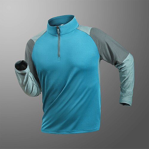 Herren T-Shirt Wander-T-Shirt Langarm Viertelreißverschluss T-Shirt Muskelshirt Bodybuilding-Stretch-T-Shirt Außen Schnelltrocknend Training Weich Schweißableitend Frühling Herbst Polyester Patchwork Image