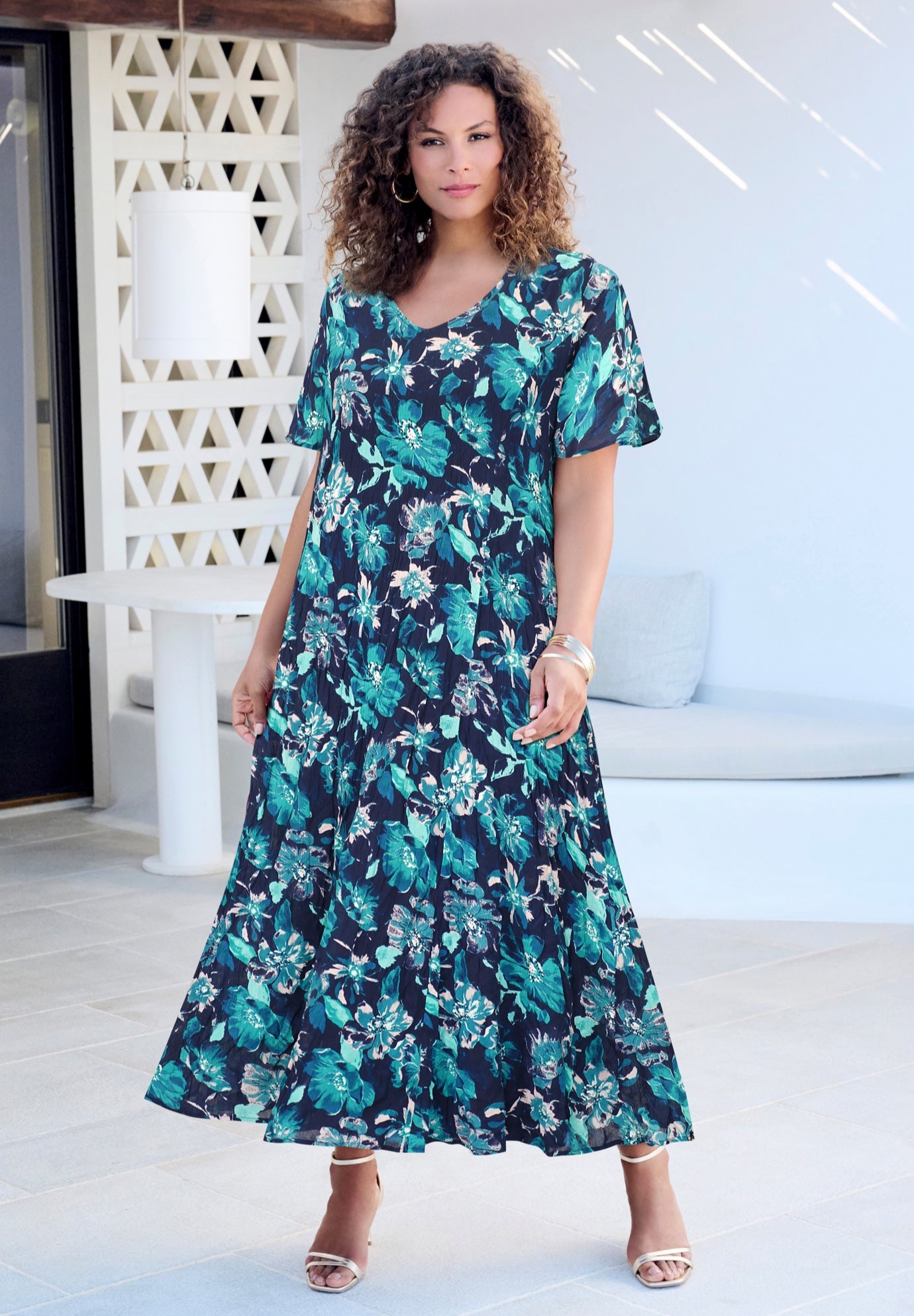 Plus Size Women's Plus Size Hand Crinkled Flutter-Sleeve Maxi Dress by Roaman's in Navy Painted Floral (Size 42/44)