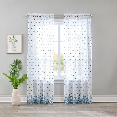 Wide Width Embroidered Voile Curtains by BrylaneHome in Blue Floral Eyelet (Size 52