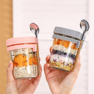 TEMU Ldq 2pcs 11.83oz Glass Overnight Oats Cups With Spoons - Portable Breakfast Salad & Yogurt Jars,overnight Oats Jar,overnight Oats Jars,overnight Oats Jar Glass - In White/pink/yellow Image