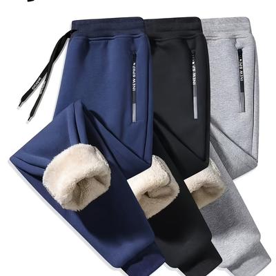 TEMU 3-pack Winter Fleece-lined Pants, 95% Polyester 5% Spandex, Solid Color, Knit Fabric, Stretch, Loose Fit, Drawstring, 500gsm - Cozy Long Trousers For Cold Season, Image
