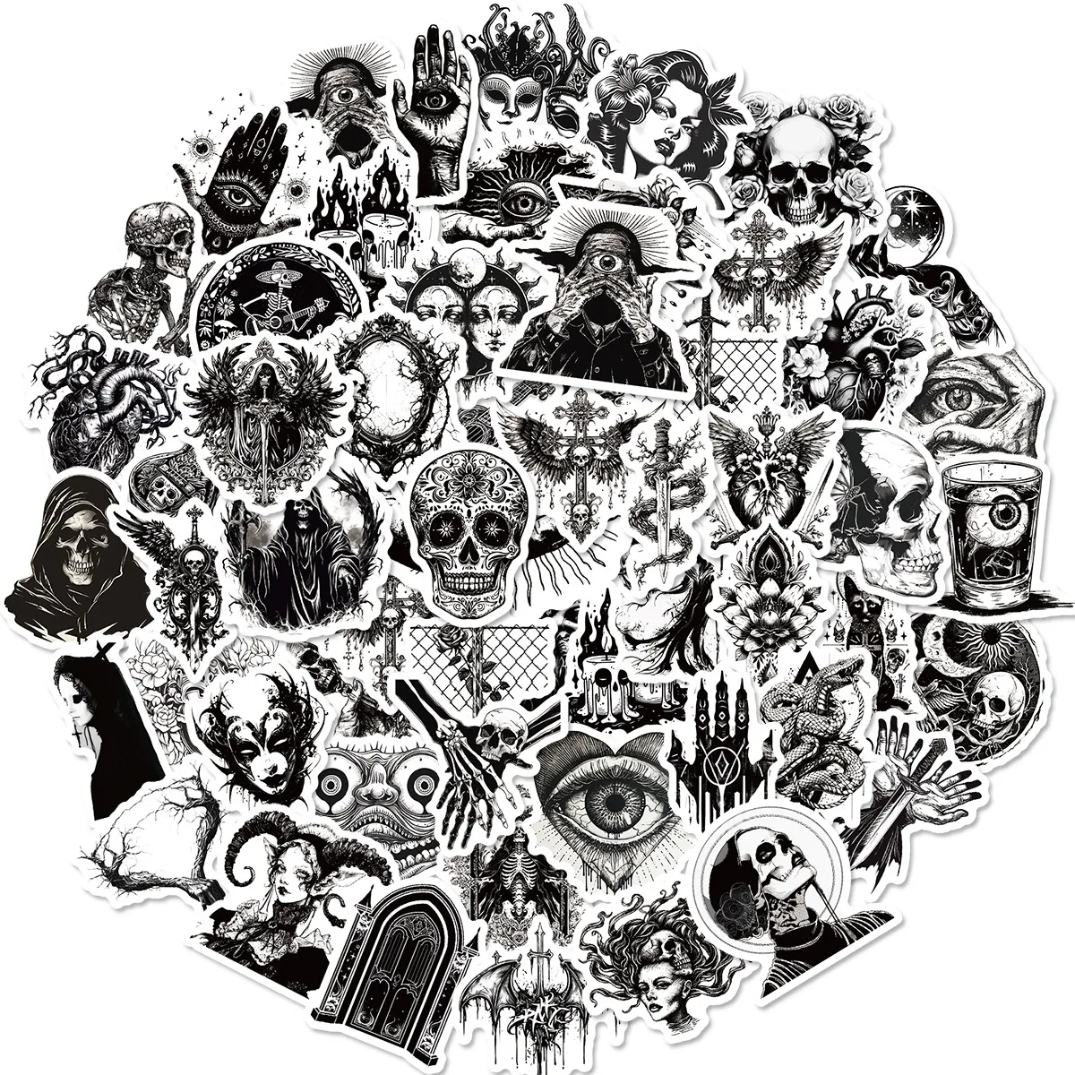 50 Stück Gothic Aufkleber für Wasser flasche, schwarz weiße Schädel aufkleber, wasserdichte Vinyl aufkleber perfekt für Hydro Flask Laptop-Telefon Image