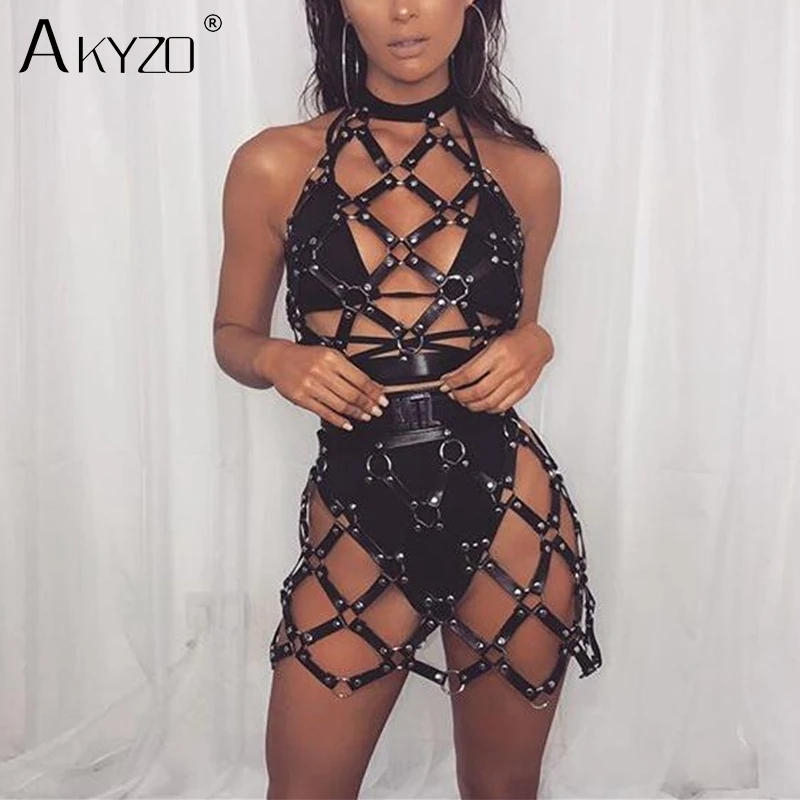AKYZO Frauen Körper Harness PU Leder 2 Stück Set Schwarz Camis Punk Einstellbare Strumpfband Gürtel Aushöhlen Gewebt Gürtel Backless röcke