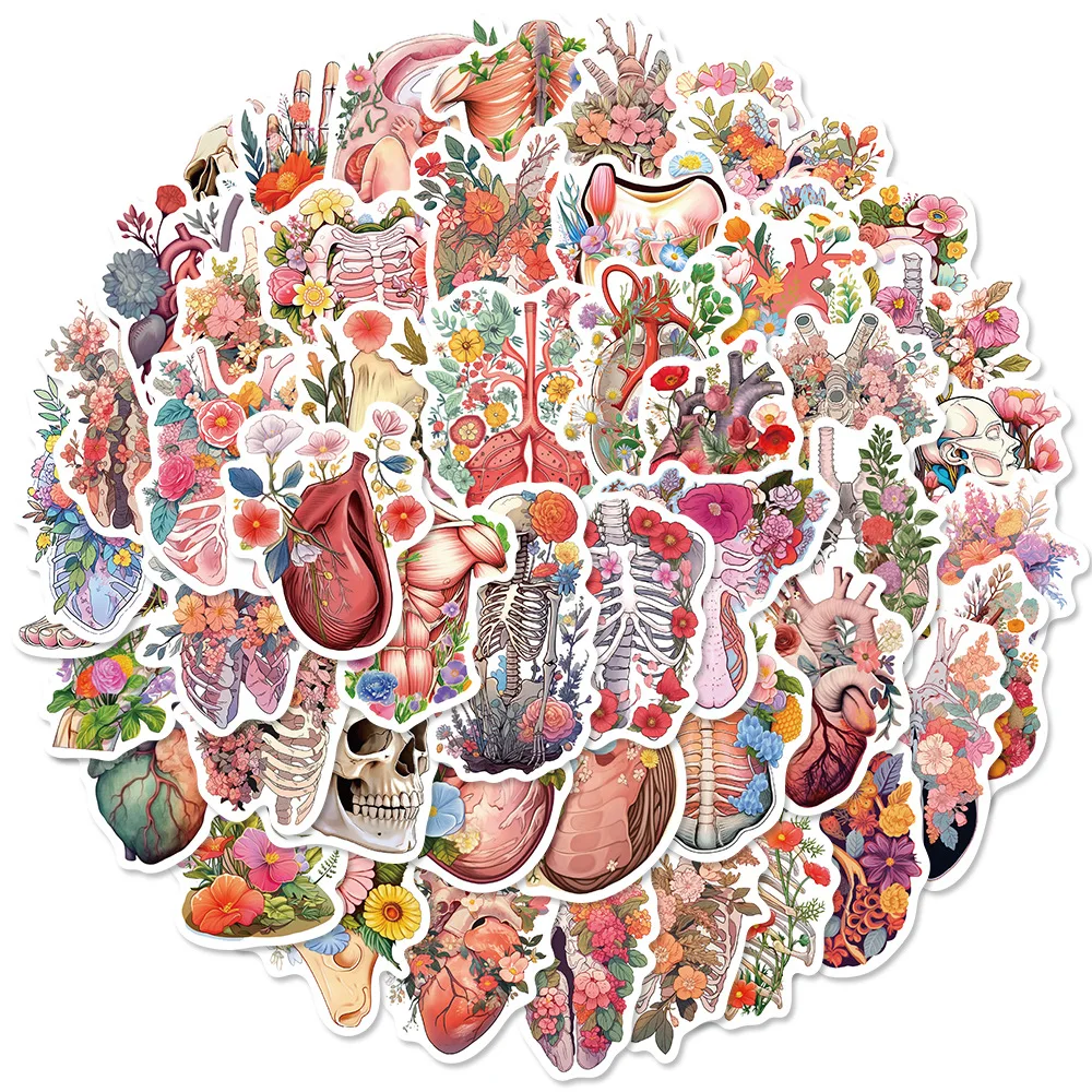50 Stück menschliche Körperorgane, Blumenaufkleber – wasserfeste Vinyl-Anatomie-Aufkleber für medizinische Krankenschwestern für Wasserflaschen, Laptop, Computer Image