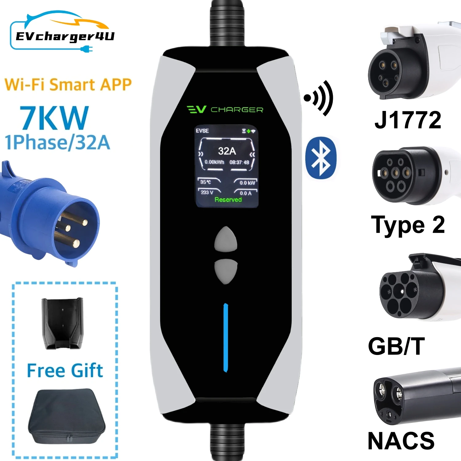 EVcharger4U J1772 Typ2 GBT NACS 1Phase 32A 7KW Tragbares Ladegerät mit RCD Typ B Schutz Wi-Fi Bluetooth APP Steuerung EVSE Box Image