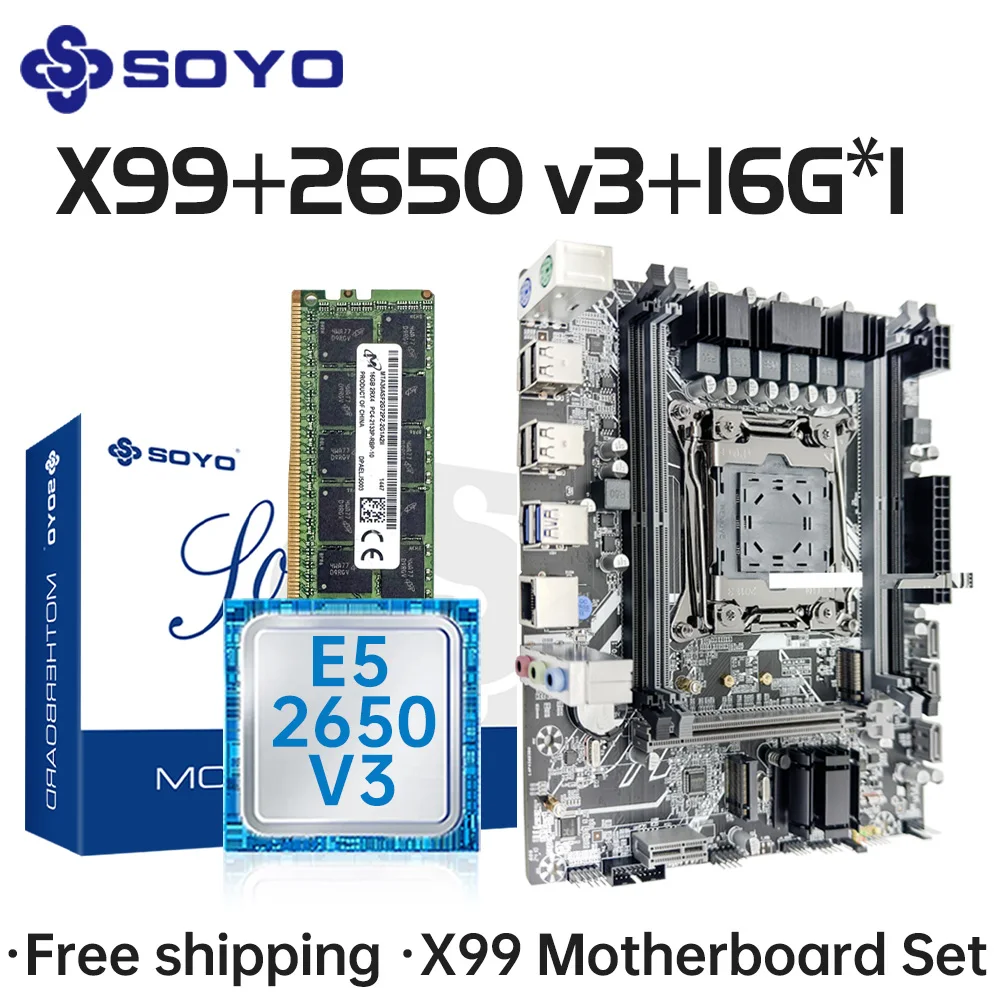 SOYO X99 Motherboard-Set mit Intel E5 2650 V3 CPU DDR4 16G*1 2133 MHz ECC RAM für Desktop-Gaming-Computer-Komponenten Mainboard