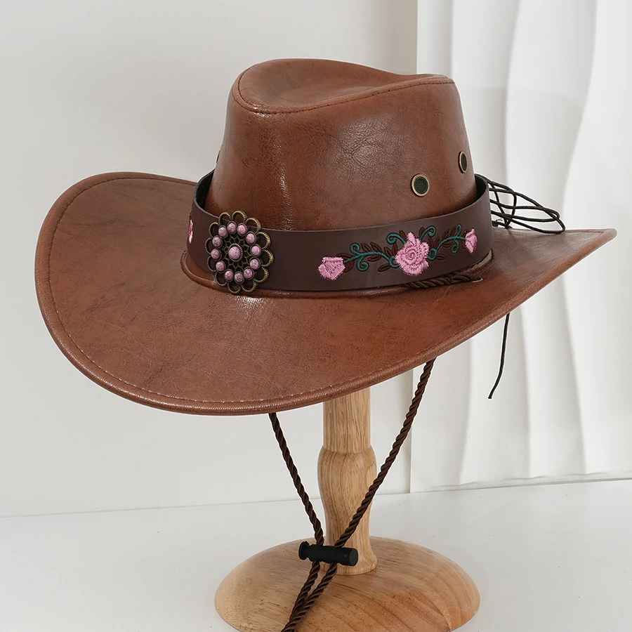 Faux Leder Western Cowboy Hüte Für Frauen Männer Vintage Breite Krempe Gentleman Kirche Jazz Cap Cowgirl Hüte Sombrero Hombre Image