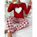 Per donna Set pigiama Informale Comoda Conforto Con cuori Griglia / Scacchi maglietta Pantalone Interni Manica lunga Girocollo Rosso Primavera Autunno Inverno