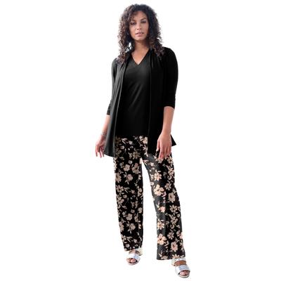 Plus Size Women's Ultrasmooth® Fabric Wide-Leg Pant by Roaman's in Black Khaki Flowers (Size 6X) Stretch Jersey