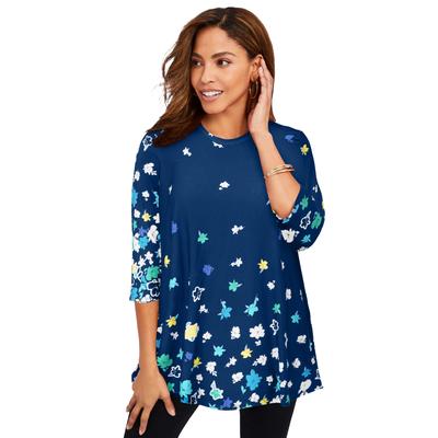 Plus Size Women's Stretch Knit Swing Tunic by Jessica London in Blue Tossed Flower Border (Size 22/24) Long Loose 3/4 Sleeve Shirt