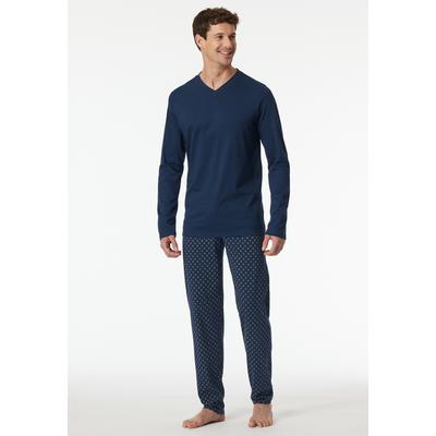 Schlafanzug SCHIESSER "Casual Essentials", Herren, Gr. 54, blau (801, admiral), Single Jersey, Obermaterial: 100% Baumwolle, unifarben, gemustert, casual, lang, V-Ausschnitt, Langarm, Homewear-Sets, mit V-Ausschnitt Image