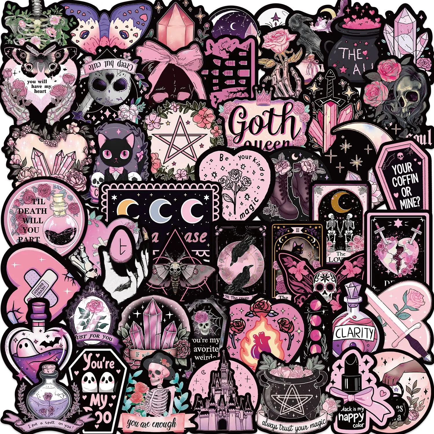 50 Stück Cartoon Gothic böse Hexe Geist Aufkleber schwarz lila Stil Aufkleber für Laptop Skateboard Computer Gitarre Kinder Cartoon Image