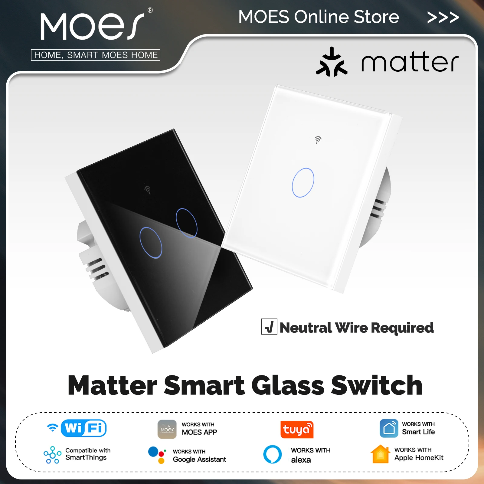 MOES Matter Tuya WiFi Smart Lichtschalter Glas Touch Control Feuerfester Neutralleiter erforderlich mit Alexa Google Home HomeKit Image