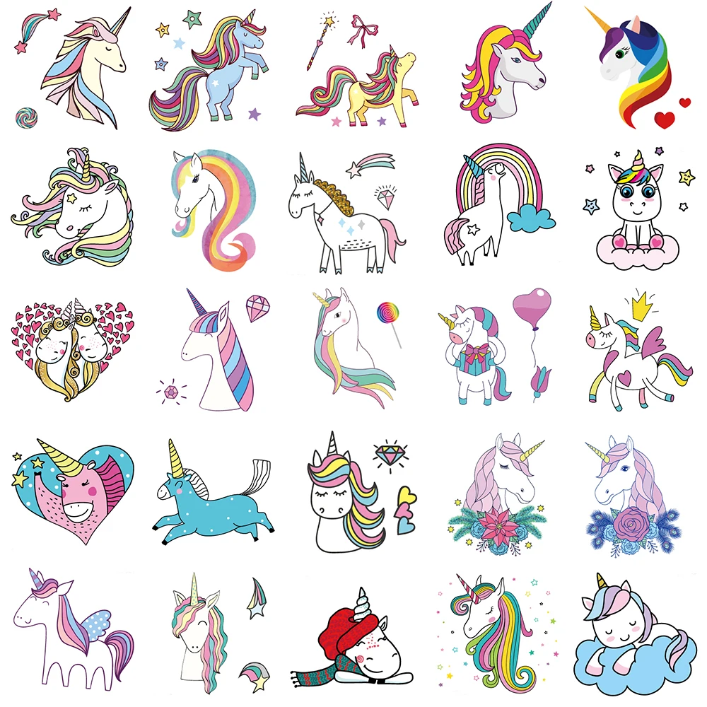 25 Stück kleine Einhorn-temporäre Tattoo-Aufkleber, Cartoon-Regenbogen-Pferd-Muster, Geburtstagsparty-Geschenke, Geschenke, Stofffüller Image