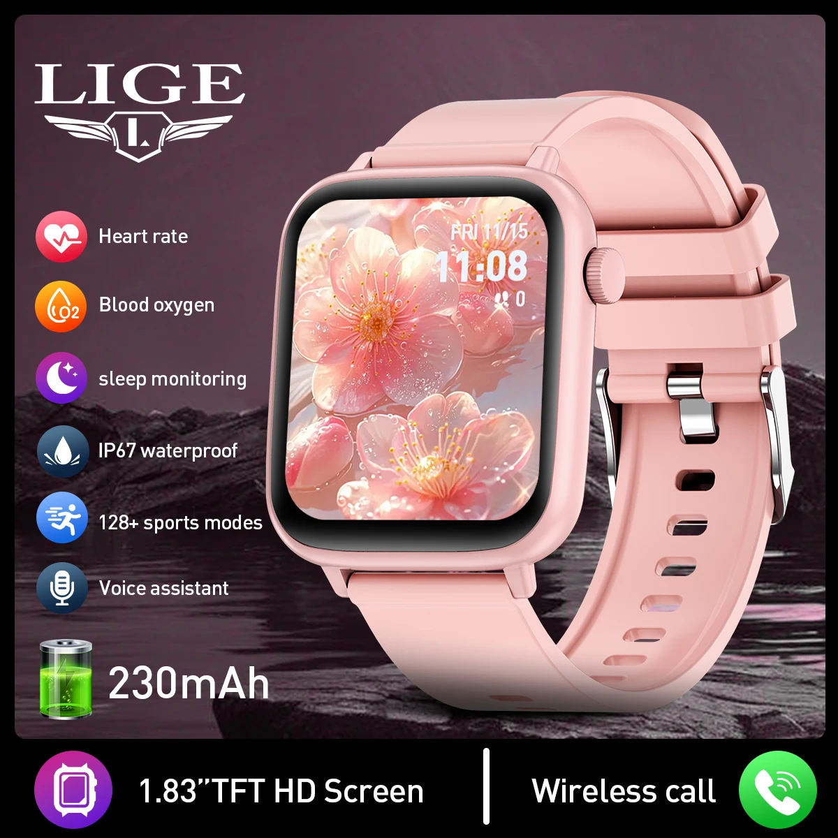 LIGE Damen-Smartwatches, 1,83 Zoll HD-Display, Antwort auf Anruf, Nachricht, Vorschau, Sportmodi, DIY-Zifferblatt, Wettervorhersage für Männer, Neu Image