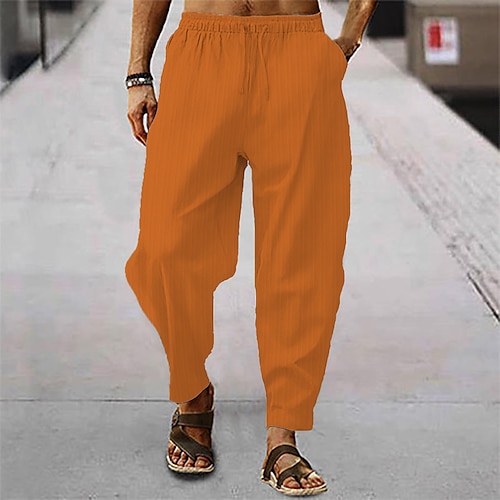 Herren Leinenhosen Hose Sommerhose Haremshose Tasche Kordelzug Elastischer Bund Gestreift Komfort Atmungsaktiv Volle Länge Lässig Täglich Ferien Mode Klassicher Stil Hellgrün Orange Image