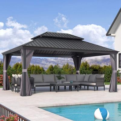 PURPLE LEAF Outdoor Galvanized Steel Hardtop Gazebo, Aluminum Frame Gazebo With Curtains