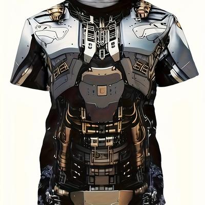 TEMU Men's 3d Mech Armor Print T-shirt, Casual Crew Neck Short Sleeve, Summer Knit Polyester Fabric With Stretch, Regular Fit Image