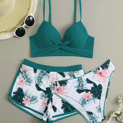 TEMU Dark Green Gathered Hard Pack Strap Flat Leg Pants Sports 3 Piece Set Image