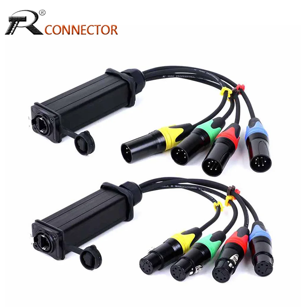 4-Kanal-5-Pin-XLR-Stecker + Buchse mit mehreren Netzwerkempfängern auf Ethercon-Kabel – XLR, DMX-Kanäle über STP RJ45 Cat5/Cat6-Ethernet-Kabel Image