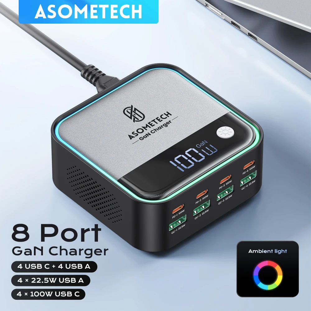 GaN USB C Ladegerät Schnellladestation 8-Port USB Typ C Umgebungsbeleuchtungsanzeige 100 W PD SCP PPS Ladegerät für IPhone 15 Samsung Image