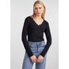 V-Shirt PIECES "PCBARBERA LS LACE TOP NOOS BC", Damen, Gr. XXL, schwarz, Single Jersey, Obermaterial: 95% Viskose, 5% Elasthan, unifarben, casual, figurbetont, V-Ausschnitt, Langarm, Shirts
