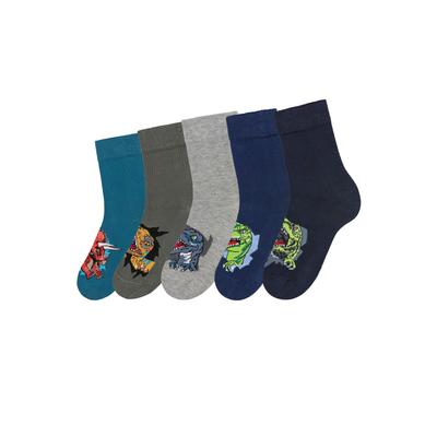 Socken H.I.S, Kinder, Gr. 39-42, bunt (1x navy, 1x petrol, 1x khaki, 1x hellgrau, melange, 1x blau), Baumwollmischung, gemustert, Socken, mit Dinosauriermotiven Image