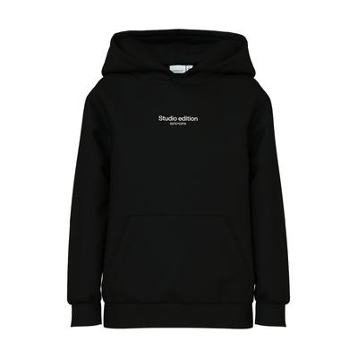 Kapuzensweatshirt NAME IT "NKMBRODY LS NREG SWEAT WH BRU NOOS", Jungen, Gr. 116, schwarz, Sweatware, Obermaterial: 70% Baumwolle, 30% Polyester, unifarben, casual, normal normal, Langarm Rippbündchen, Sweatshirts, mit kleinem Logoprint Image