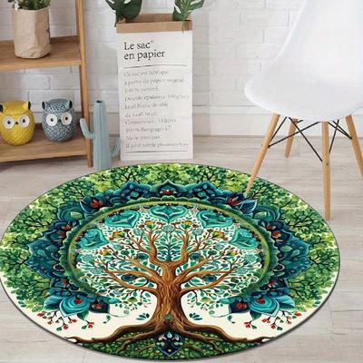 TEMU Vibrant Mandala Tree Of Life Round Rug – Soft Polyester Area Carpet With Intricate Floral & Bird Room, Bedroom, Bathroom, Or Kitchen Decor, Rugs For Living Room Image