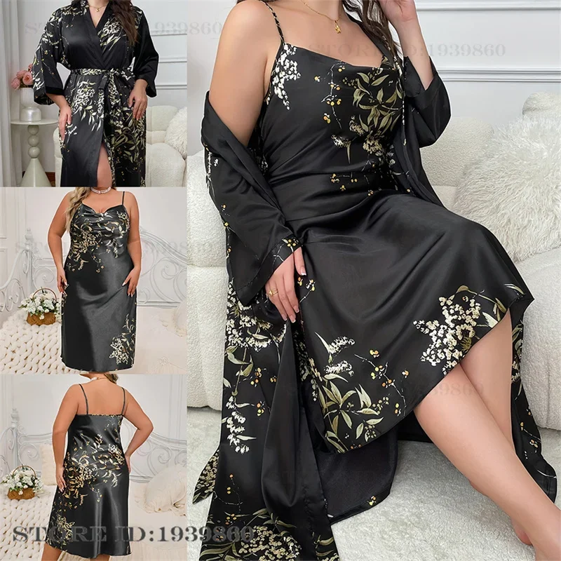 Große Größe Weibliche 2Pcs Robe Set Nachthemd Druck Kirsche Lange Kimono Bademantel Kleid Nachtwäsche Sexy Nachthemd Homewear 3XL 4XL 5XL