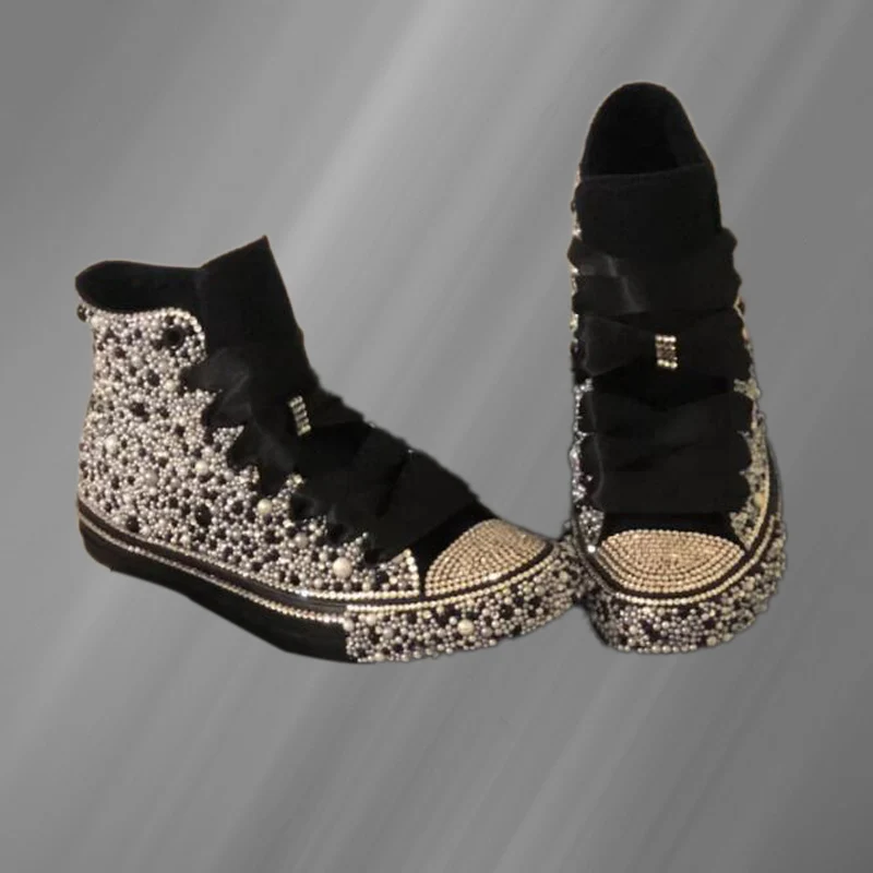 Handgefertigte schwarze, mit Diamanten gefüllte Party-Persönlichkeits-Leinwandschuhe, große High-Top-Schnürschuhe, lässige Sport-Damenschuhe, Größe 35–46