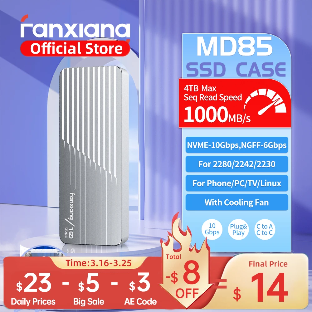 Fanxiang MD85 M.2 SSD-Gehäuse 10Gbps NVMe/NGFF-SATA Dual-Protokoll USB 3.2 Gen2 Typ-C SSD-Gehäuse mit Kühlventilator SSD-Festplattenbox Image