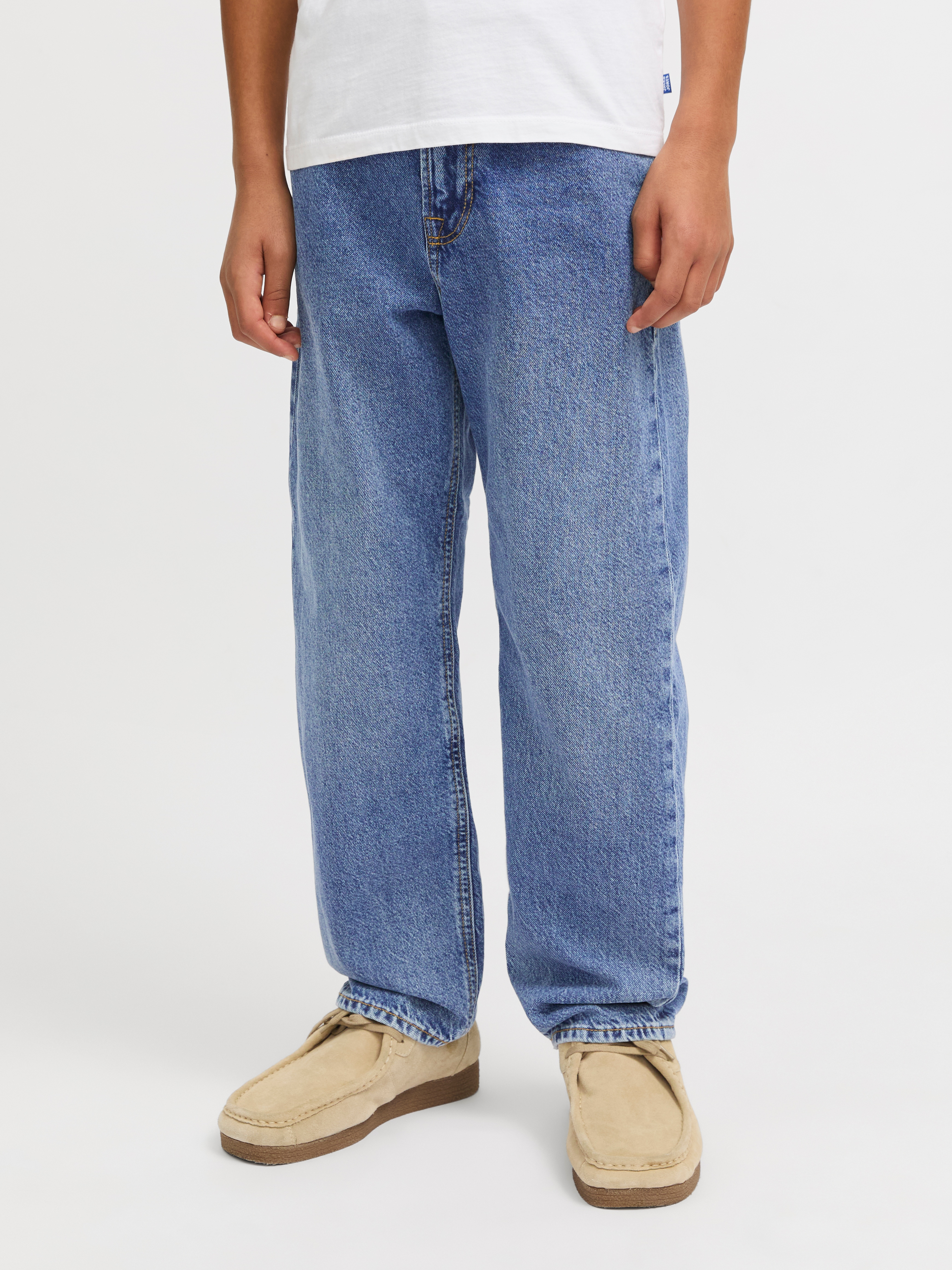 Relax-fit-Jeans JACK & JONES JUNIOR "JJICHRIS mit Abriebeffekten und hohem Tragekomfort", Jungen, Gr. 170, N-Gr, blau (blau denim), Denim/Jeans, Obermaterial: 100% Baumwolle, Abriebeffekte, relaxed fit knöchellang, Jeans, Abriebeffekte, modisch,... Image