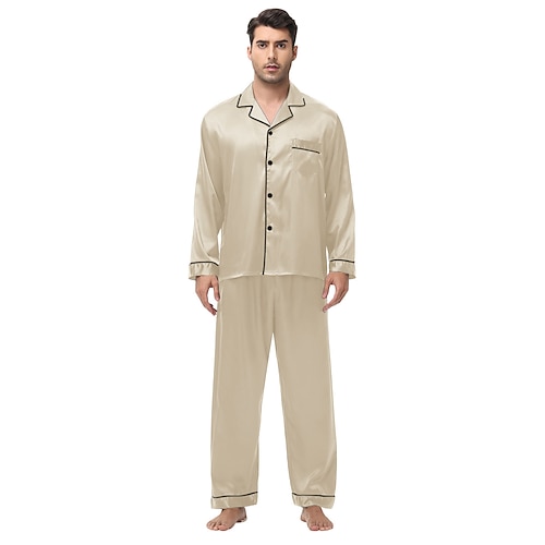 Herren Hausanzug Satin Seide Schlafanzüge Schlafanzug Set 2 Stück Einfarbig Modisch Komfort Weich Heim Bett Kunstseide Polyester Komfort Atmungsaktiv V-Wire Ausschnitt Langarm Hose Grundlegend Image