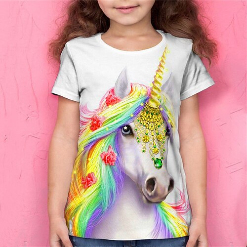Mädchen 3D Tier Einhorn T-Shirt Kurzarm 3D-Druck Sommer Frühling Aktiv Modisch Kuschelig kinderkleidung 3-12 Jahre Outdoor Täglich Regular Fit Image