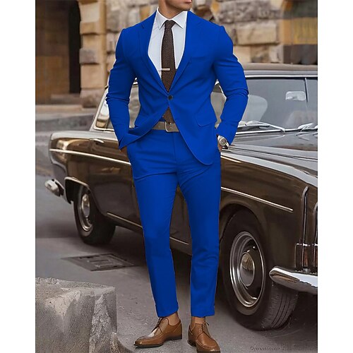 Herren Abschlußfeier Blazer Set Geschäft Cocktailparty Hochzeitsfeier Mode Lässig Frühling Herbst Polyester Einfach Tasche 2 teilig Bequem Einreihig Blazer Gelb Rosa Königliches Blau Blau Image