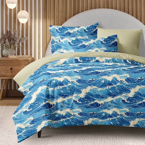 Bettbezug-Set mit Meereswellenmotiv, weiche Mikrofaser-Bettwäsche, lebendiges Wellendesign, inklusive Bettbezug und Kissenbezügen, farbecht, mit Reißverschluss, maschinenwaschbar, Queen-, King- und Twin-Größen, Küsten- und Strandthema Image
