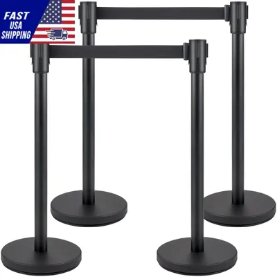 Crowd Control Stanchion, Set of 4 Pieces Stanchion Set, Stanchion Set with 6.6 ft/2 m Black