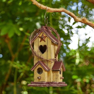 Glitzhome 11.5"H Solid Wood Cottage Outdoor Birdhouse with Rattan - 5.50''L X 11.50''W X 0.80''H