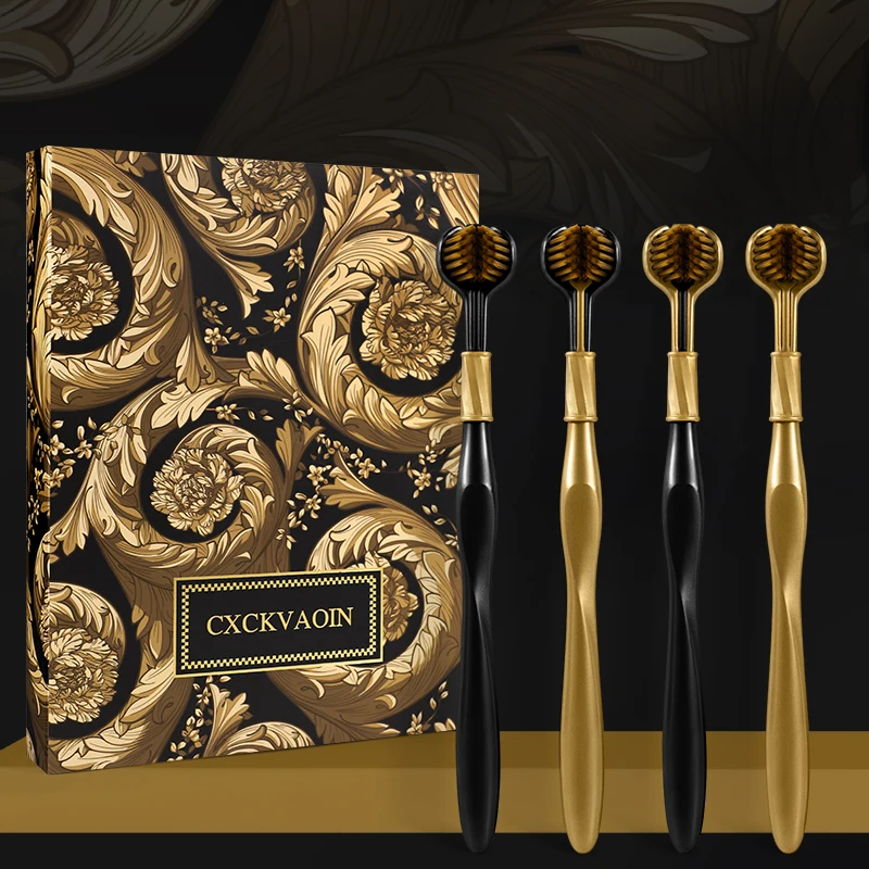 [4 Stück Geschenkbox] Dreiseitiger Bürstenkopf der High-End-Zahnbürste aus der Serie Black Gold mit weichen Borsten Image