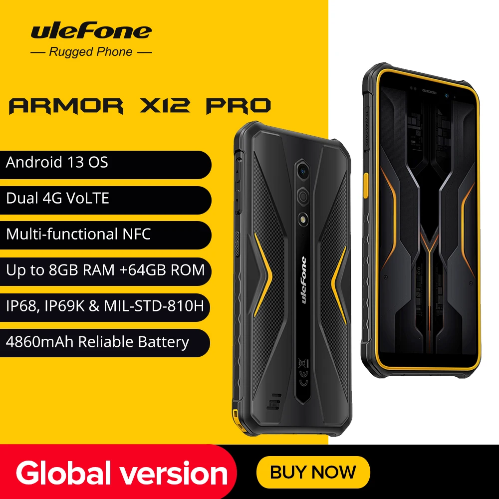 Smartphone robuste et étanche Ulefone Armor X12 Pro, Android 13, 10 Go + 64 Go, 4860 mAh, 13 MP, 5,45 pouces, NFC, téléphone mobile 4G, global