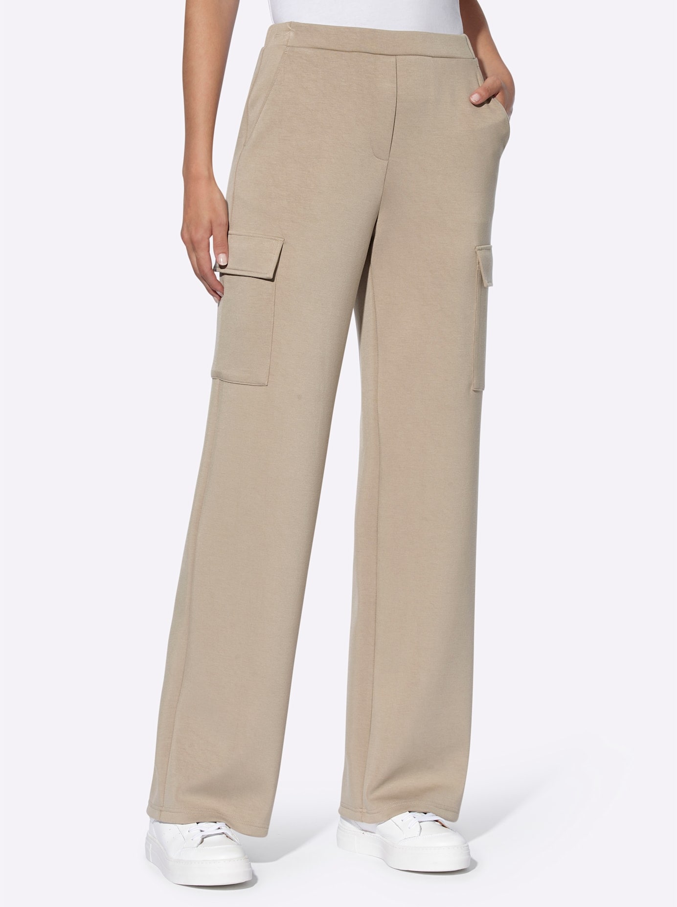 Jerseyhose HEINE, Damen, Gr. 44, Normalgrößen, beige (sesam), 50% Modal, 44% Polyester, 6% Elasthan, unifarben, lang, Hosen Jerseyhose