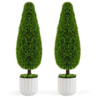 Costway 2 Pack 3 Feet Artificial Cedar Teardrop Shaped Bush with Plastic Nursery Pot-Green